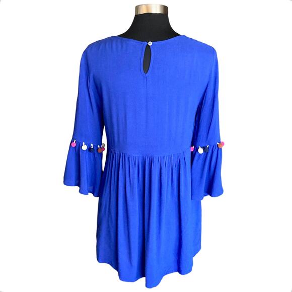 JODIFL Cobalt Blue Boho Top Multicolor Floral Embroidery & Pompom Trim Sz Medium - Picture 3 of 9